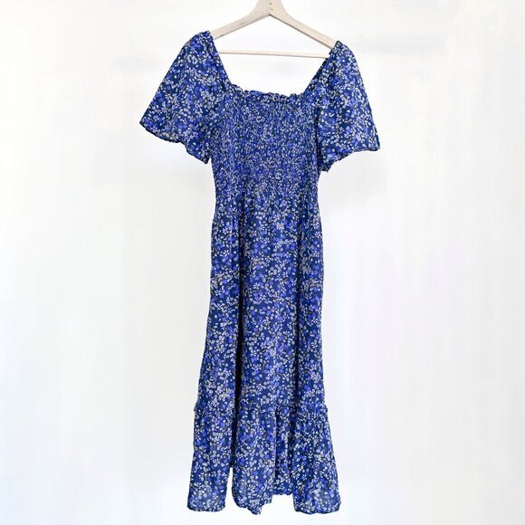 Like New-Draper James Blue Floral Smocked Midi Dress size M - Picture 1 of 6